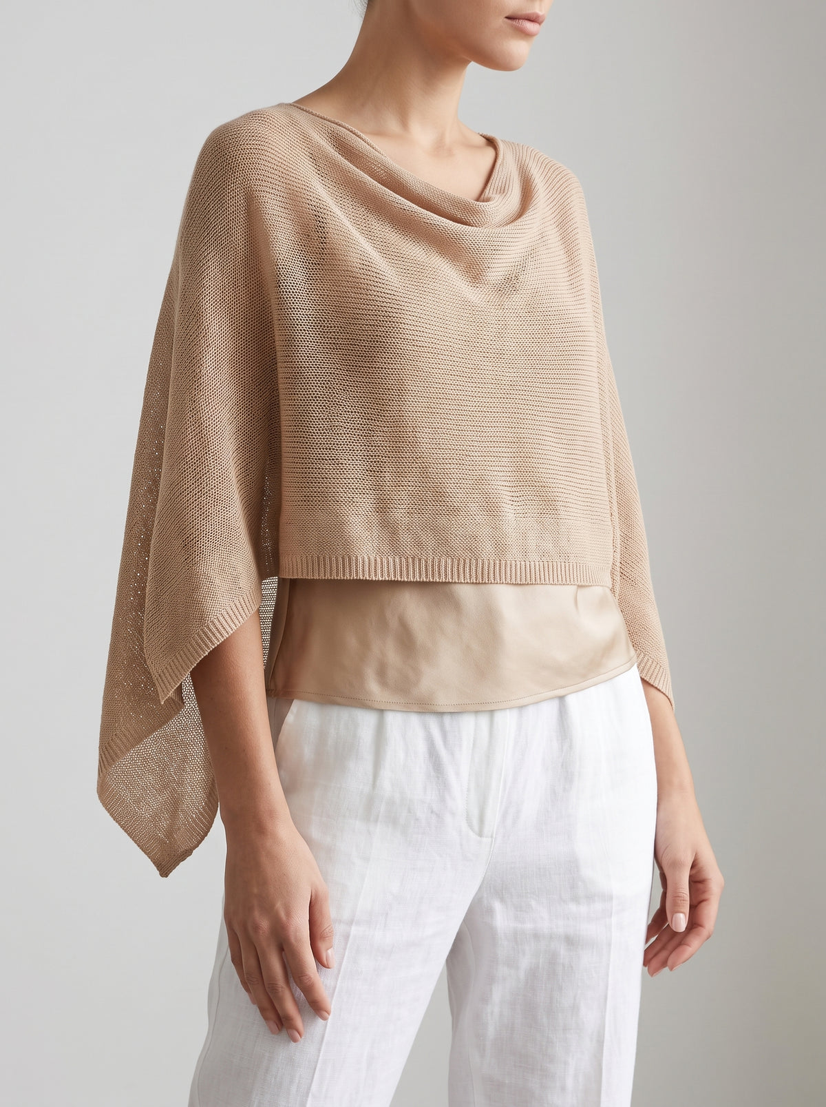 Asymmetric Sheer Poncho Style Top - Light Brown