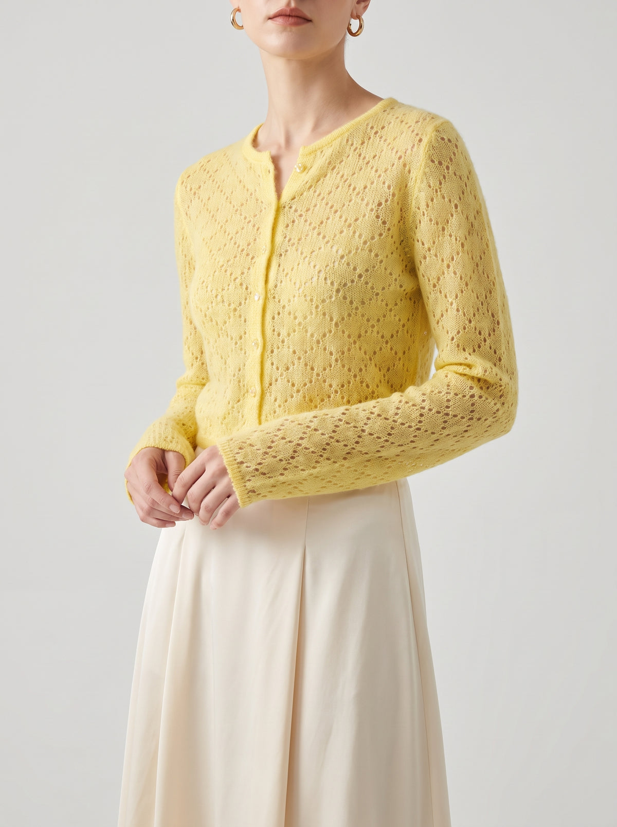 Beverly Cropped Openwork Knit Cardigan — Yellow
