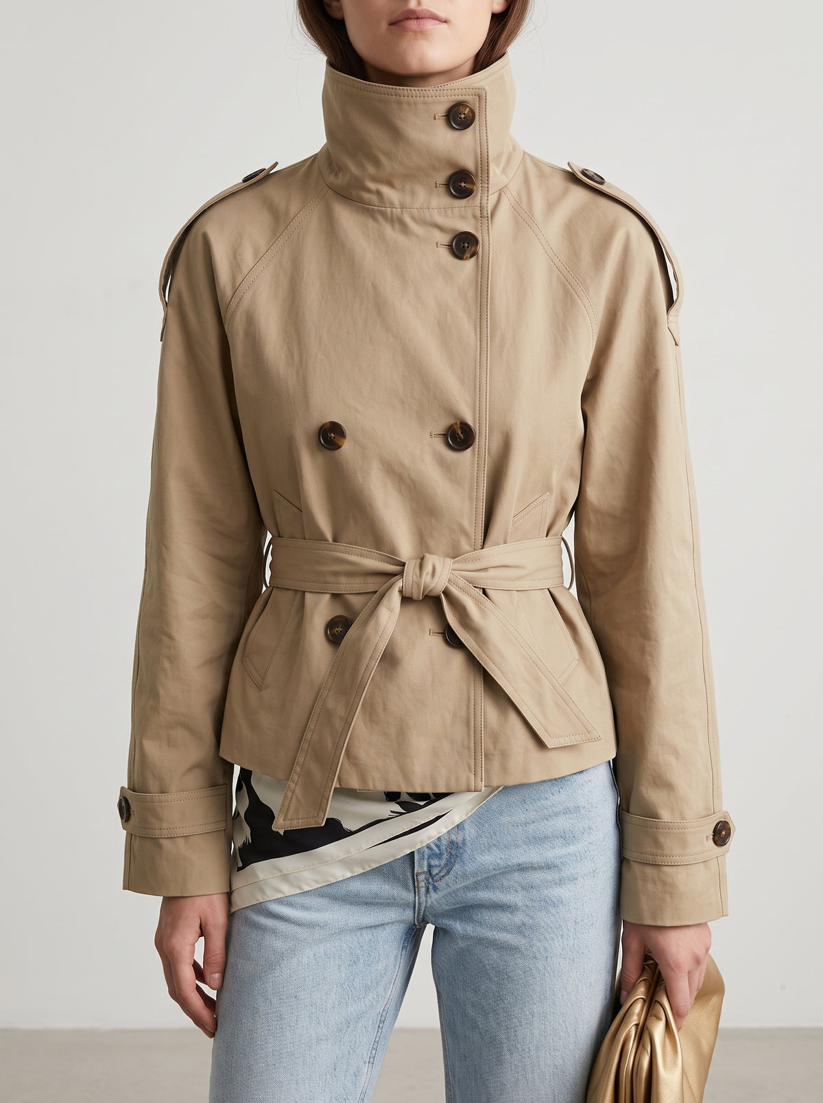 Kara High Neck Short Trench Coat - Beige