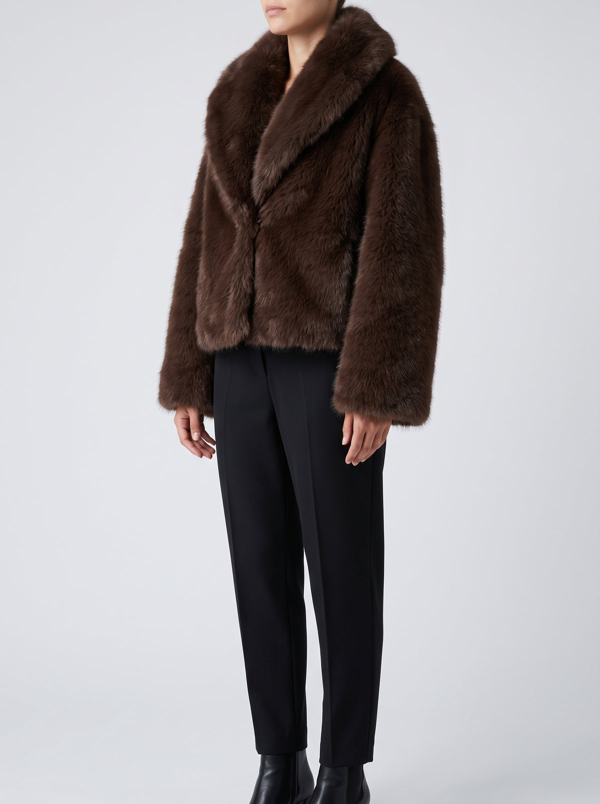 Elsa Faux Fur Coat with Knit Collar — Brown