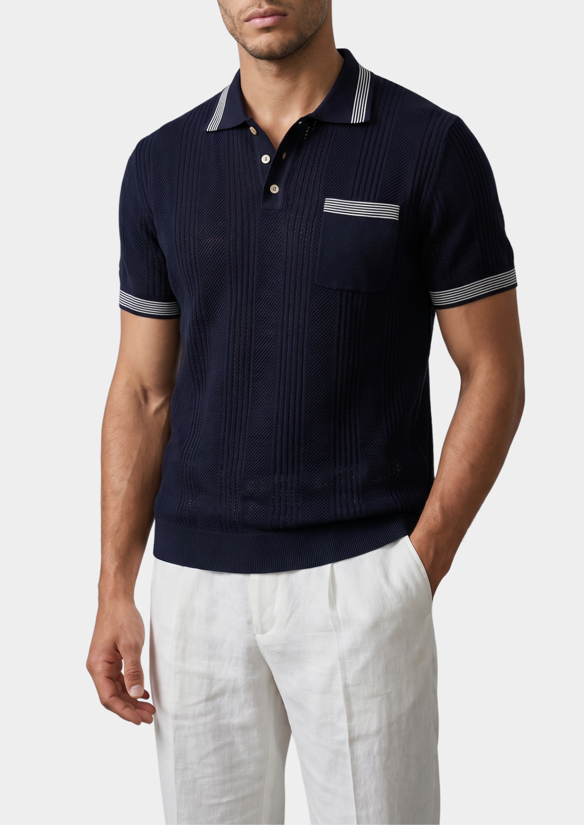 Polo léger en maille ajourée Leon bleu marine