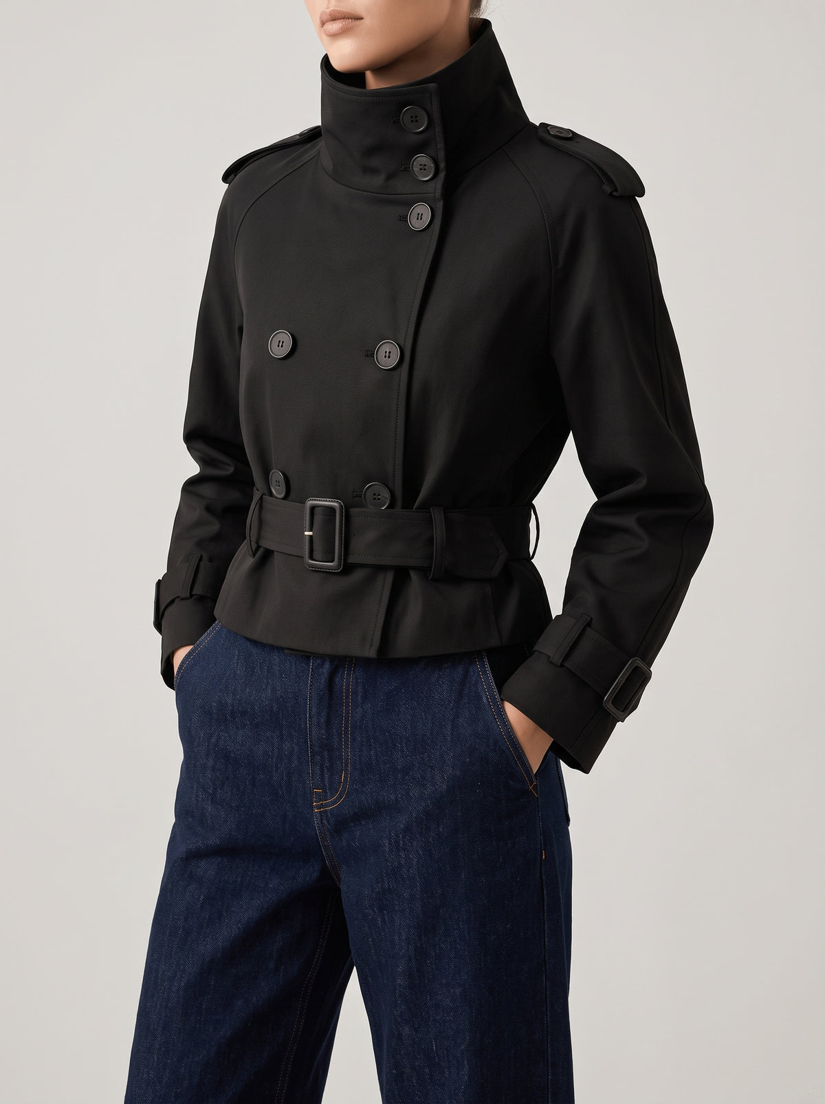 Sofie Cropped Belted Double-Breasted Trench Coat — Black