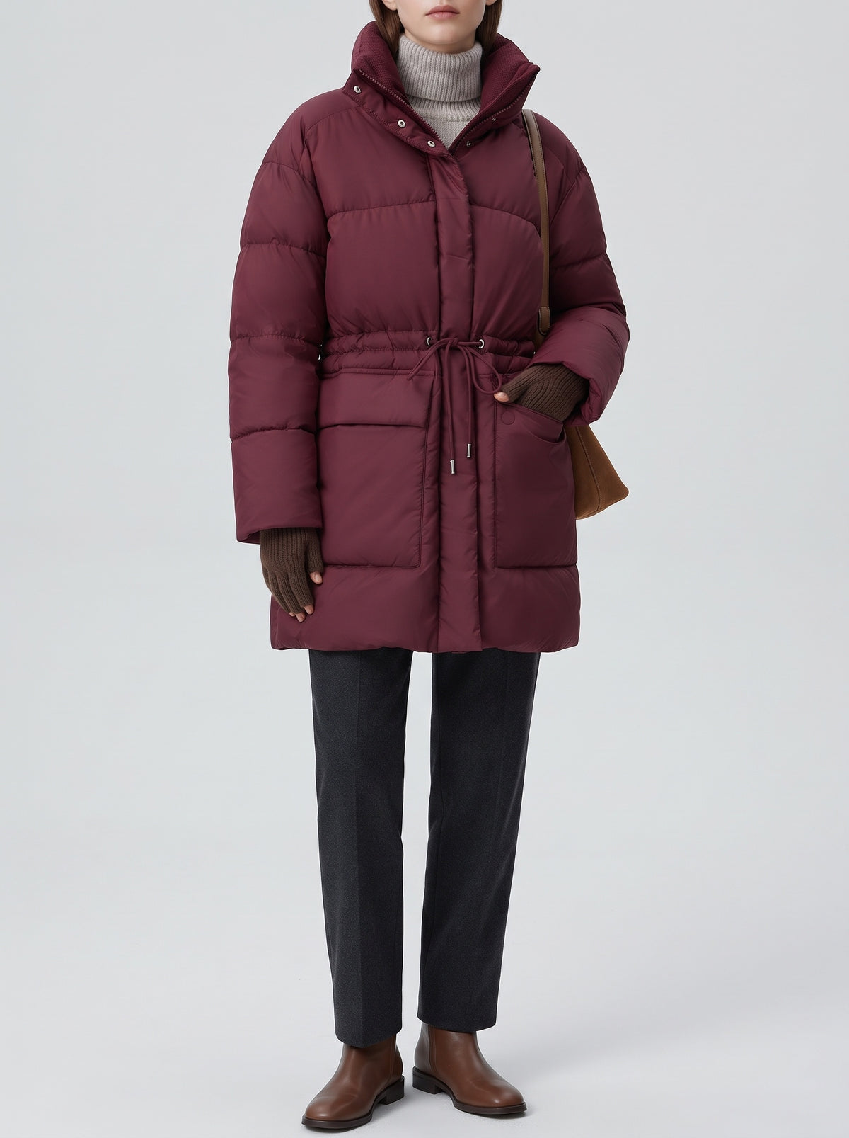 Lorna Hooded Quilted Drawstring Coat — Burgundy
