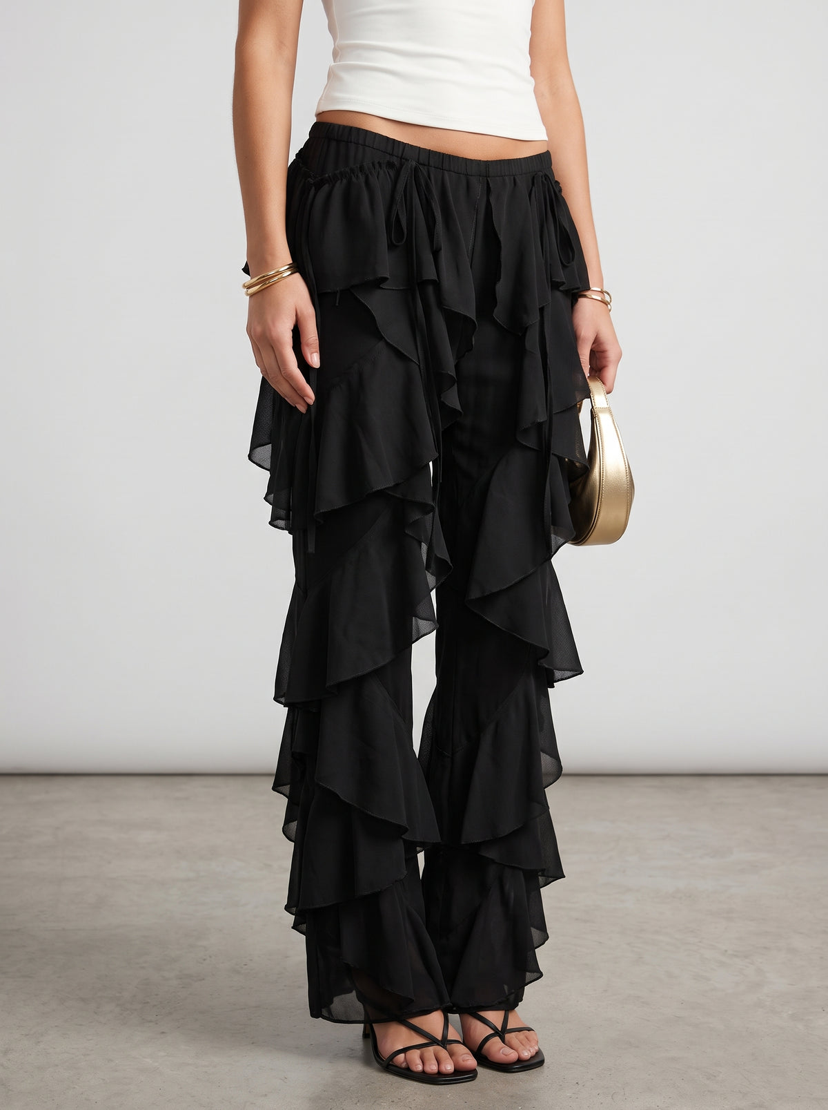 Fiona Ruffle-Hem Cargo Pants — Black