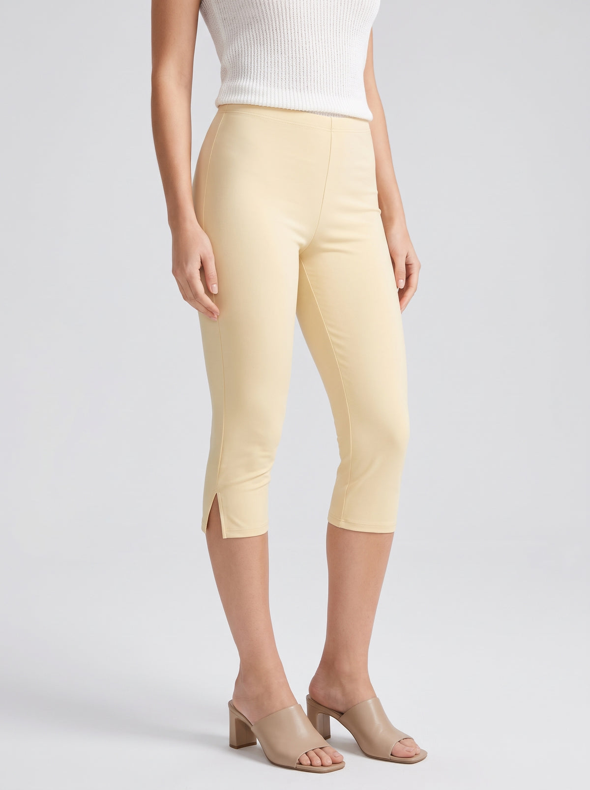Halia Split-Hem Capri Pants — Beige