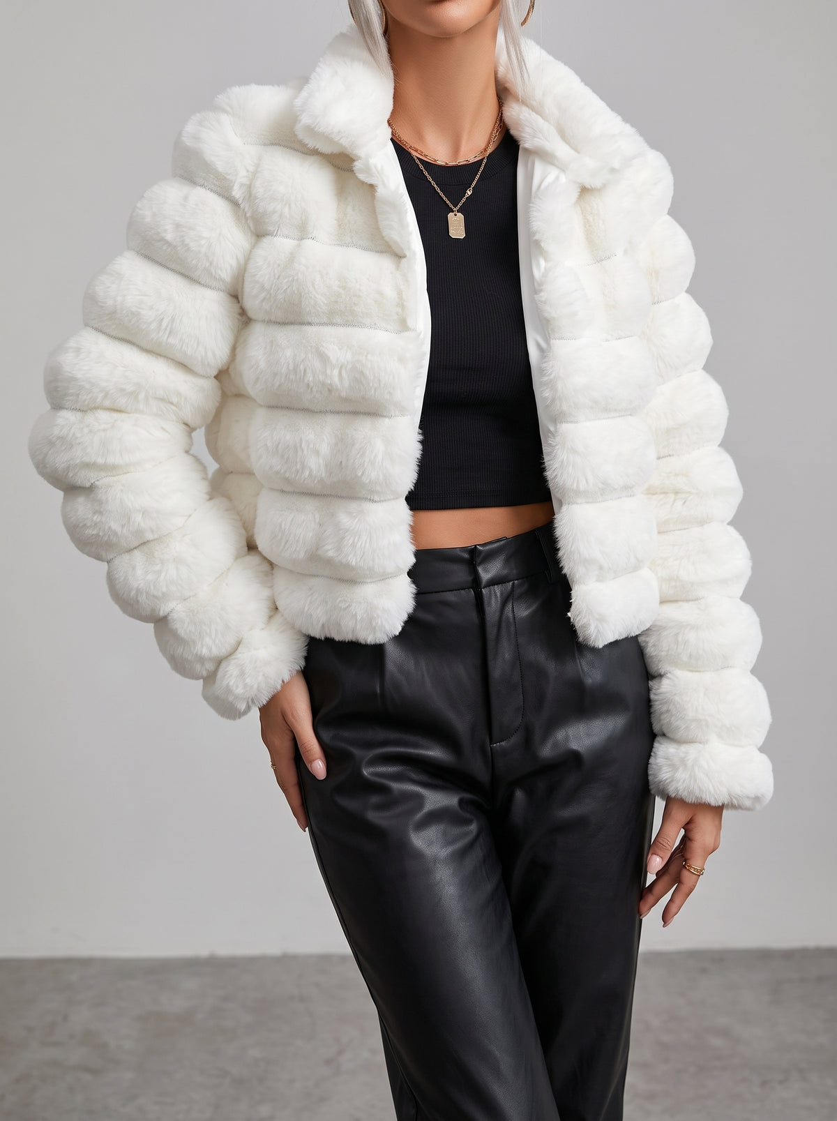 Blanche Stand-Collar Faux Fur Coat — White