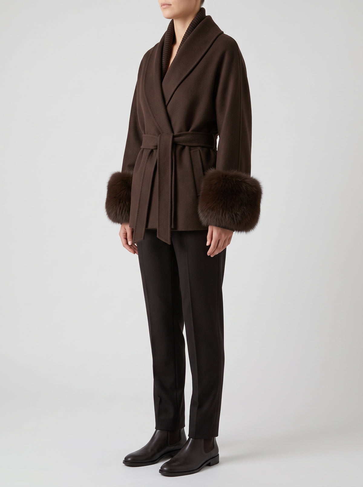 Wool Coat with Fox Fur Cuffs — Brown Short