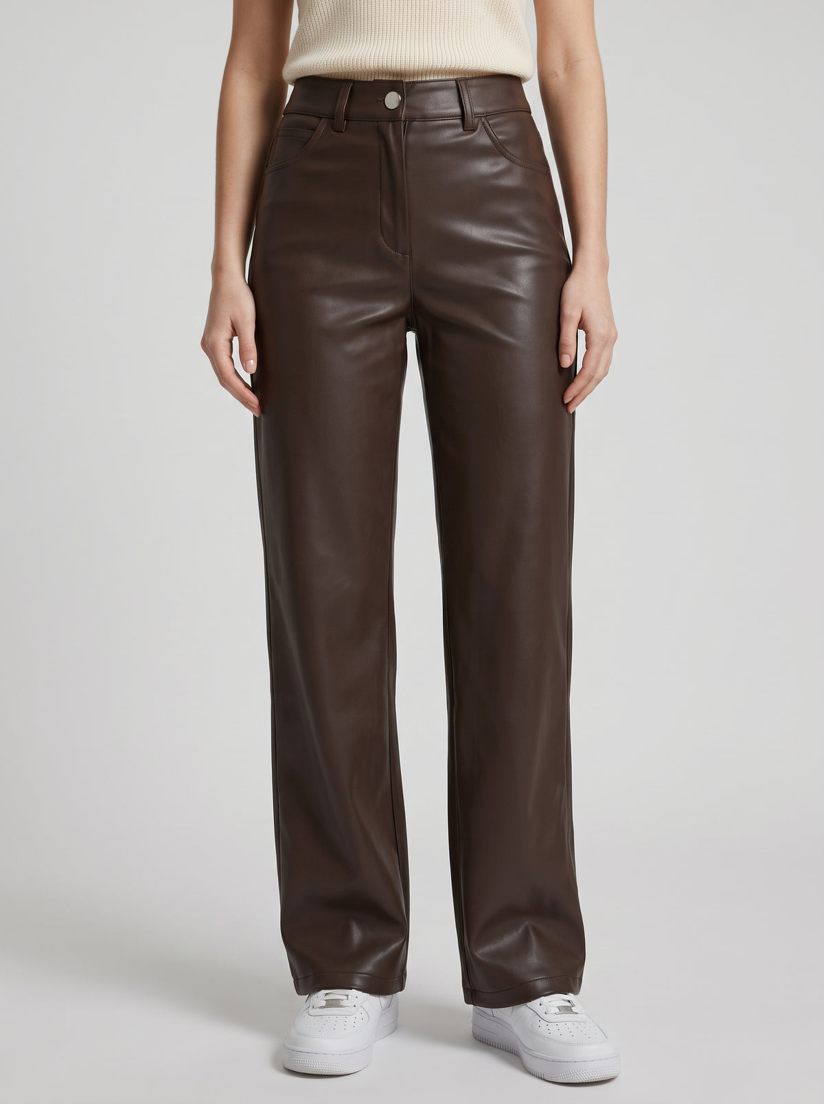 Pantalon droit Cassy effet cuir - Marron
