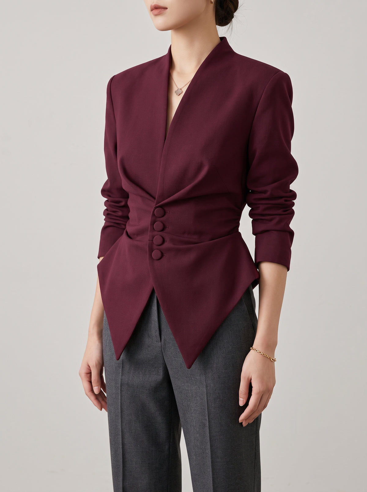 Tricia Structured-Shoulder Fitted Blazer - Burgundy