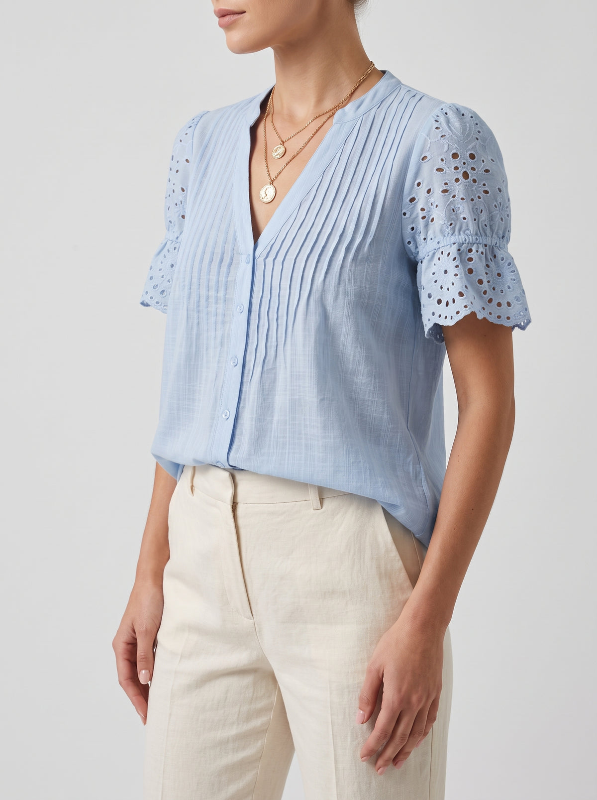 Beatrice V-Neck Lace Sleeve Top — Sky Blue