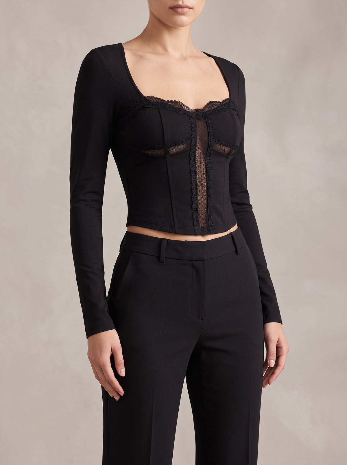 Wren Square Neck Lace Crop Top — Black