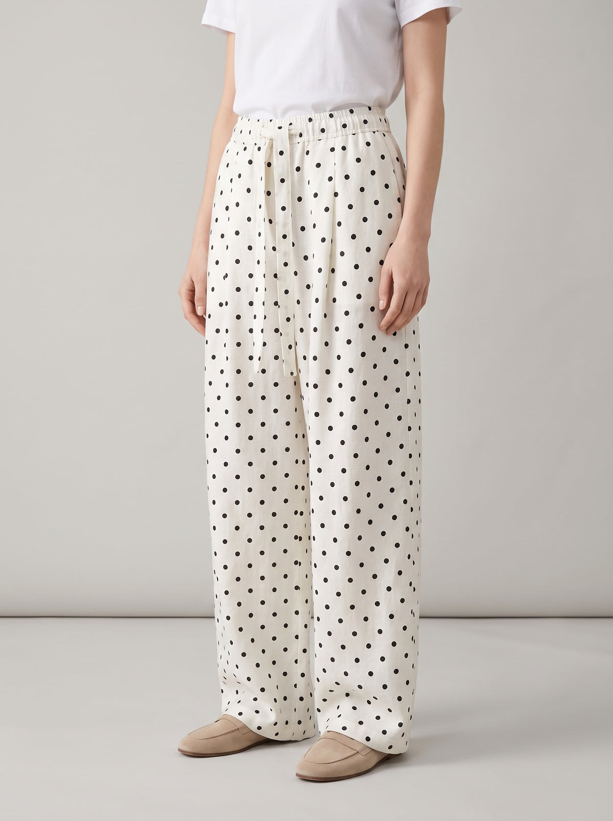 Elizabeth Polka Dot Linen Wide-Leg Pants — White