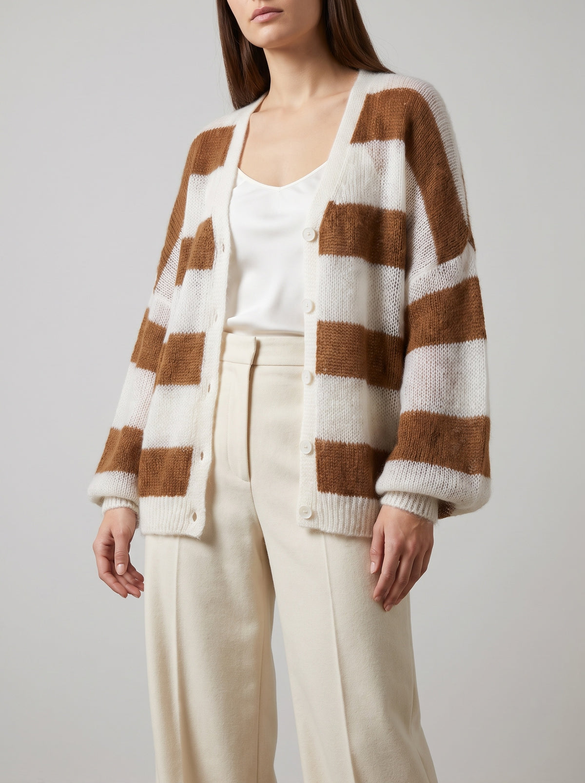 Christel Striped Loose Fit Cardigan - Beige