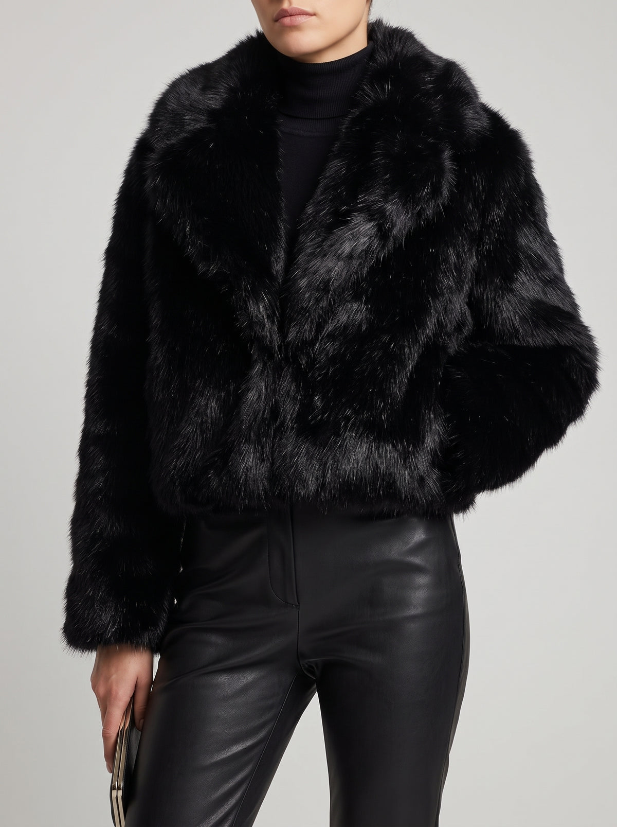 Jenna Faux Fur Stand-Collar Coat — Black