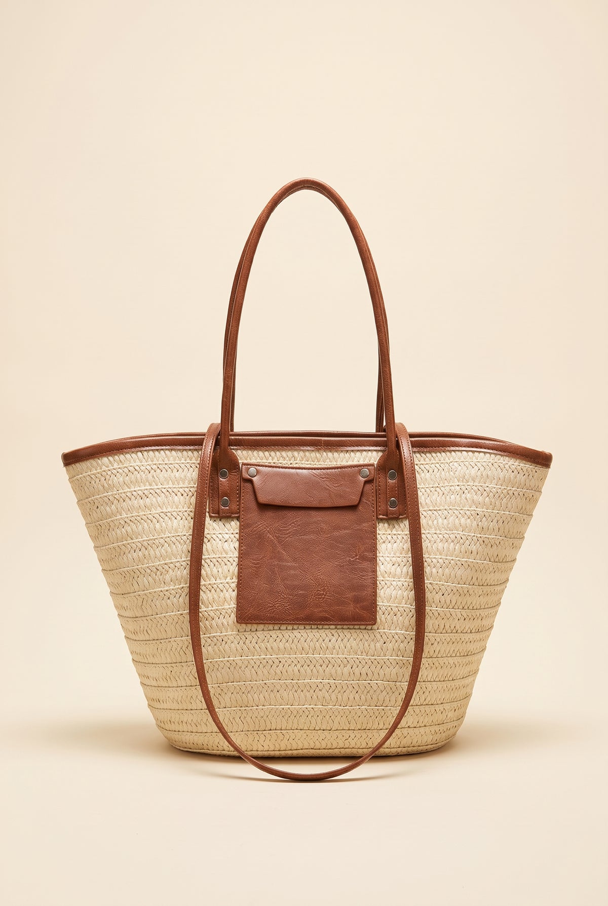 Beatrice Woven Straw Shoulder Tote — Beige
