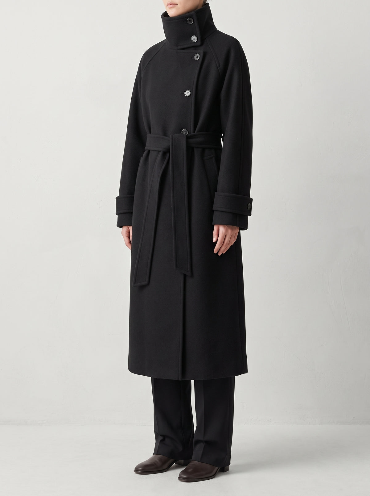 Claudine Long Belted High-Neck Coat — Black