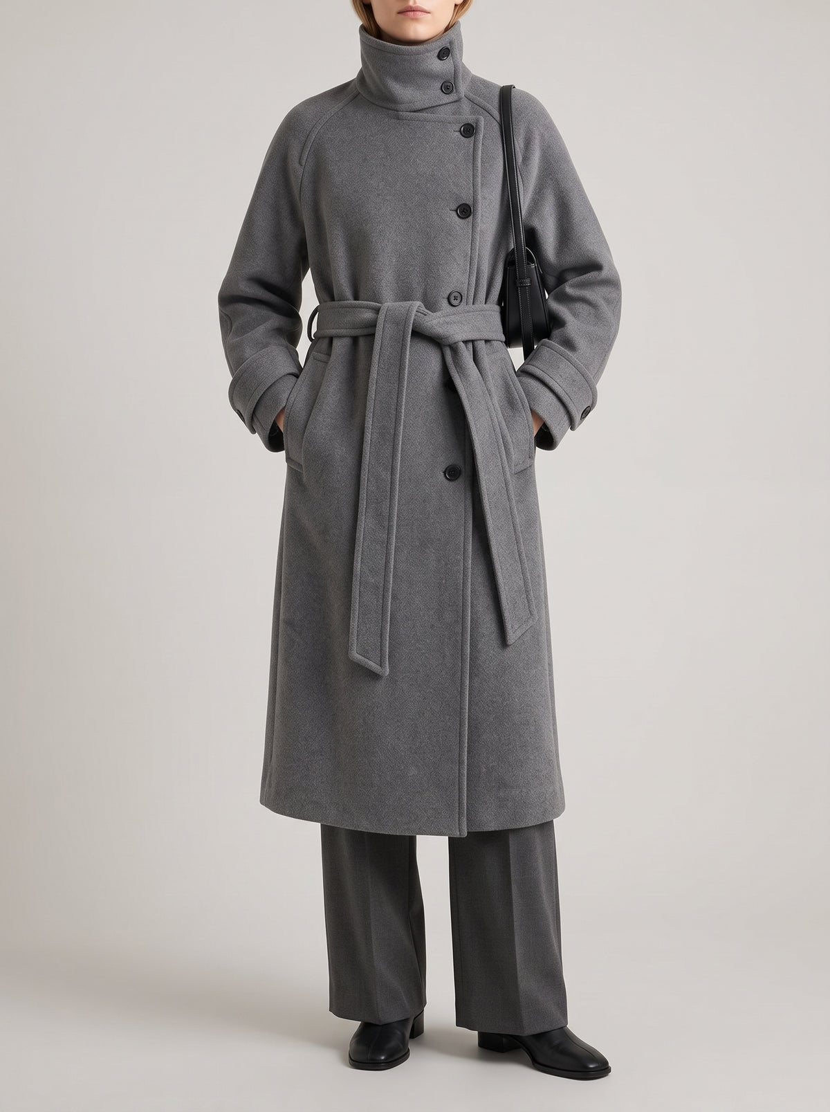 Claudine Long Belted High-Neck Coat — Gray