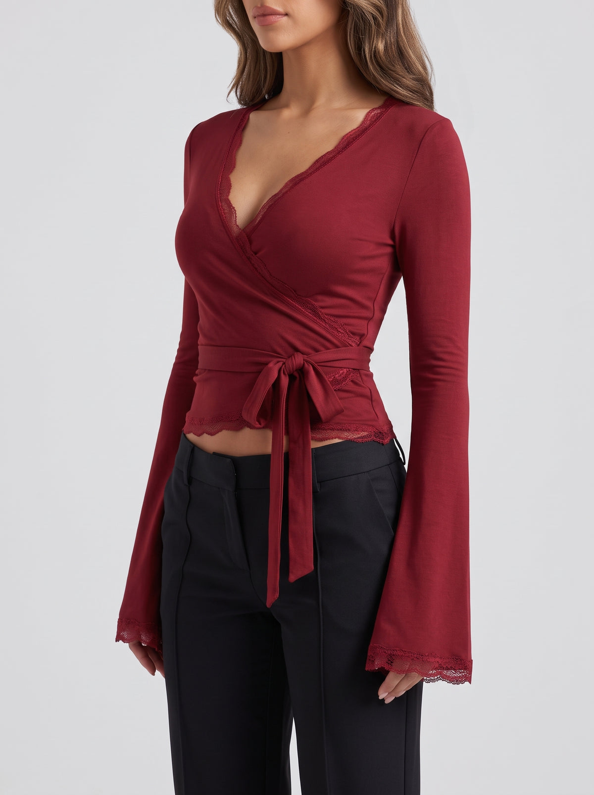 Camila Lace Wrap Top with Flared Sleeves — Burgundy