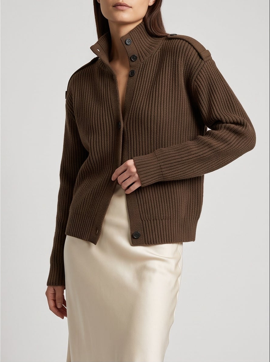 Kylie High Neck Knit Cardigan - Brown