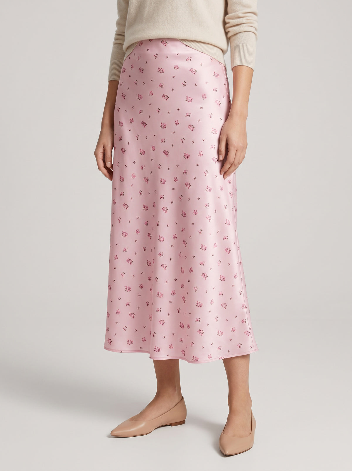 Jupe midi Kate en satin imprimé taille haute - Rose