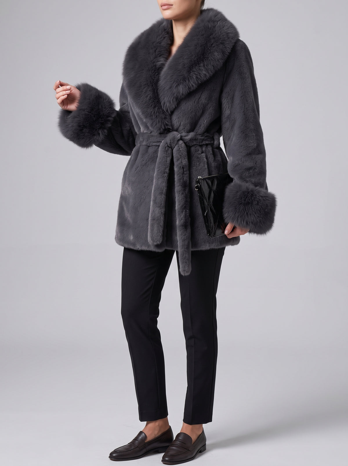 Jessa Mid-Length Coat with Faux Fur Trim — Black
