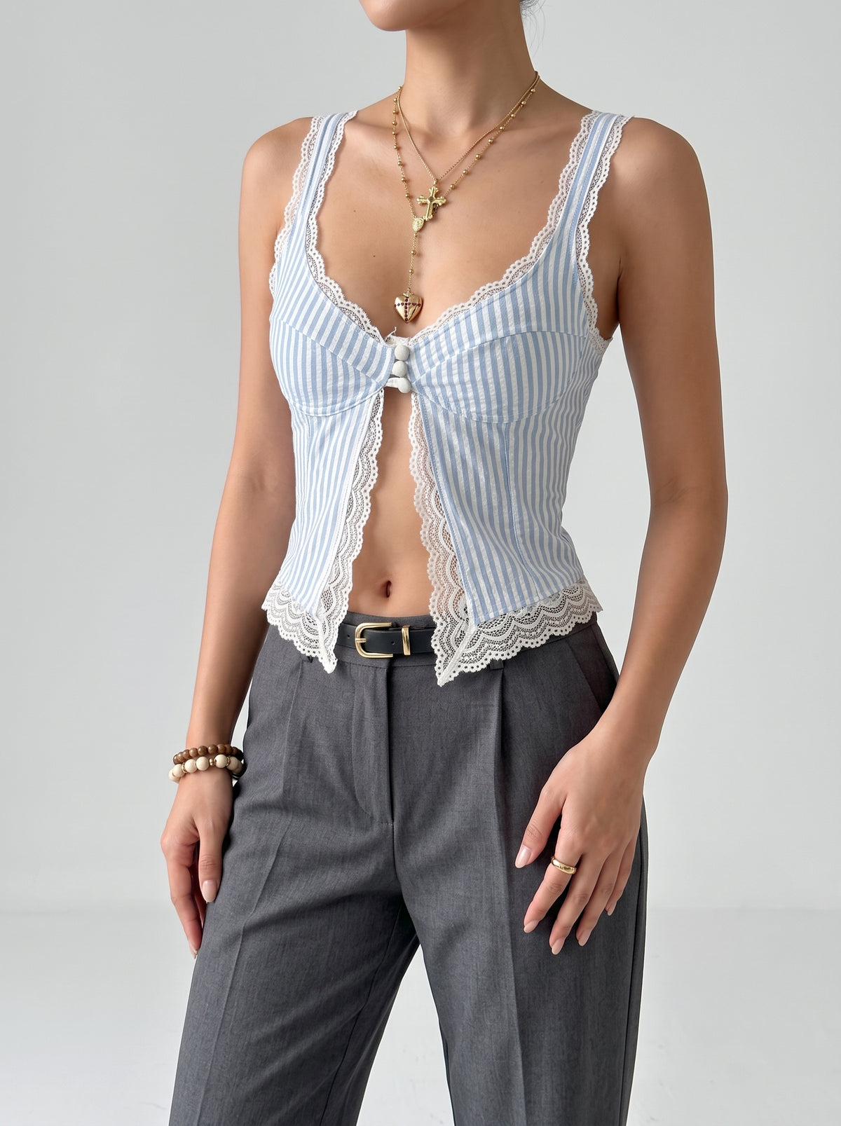 Agda Striped Ruffle and Lace Tank Top — Blue