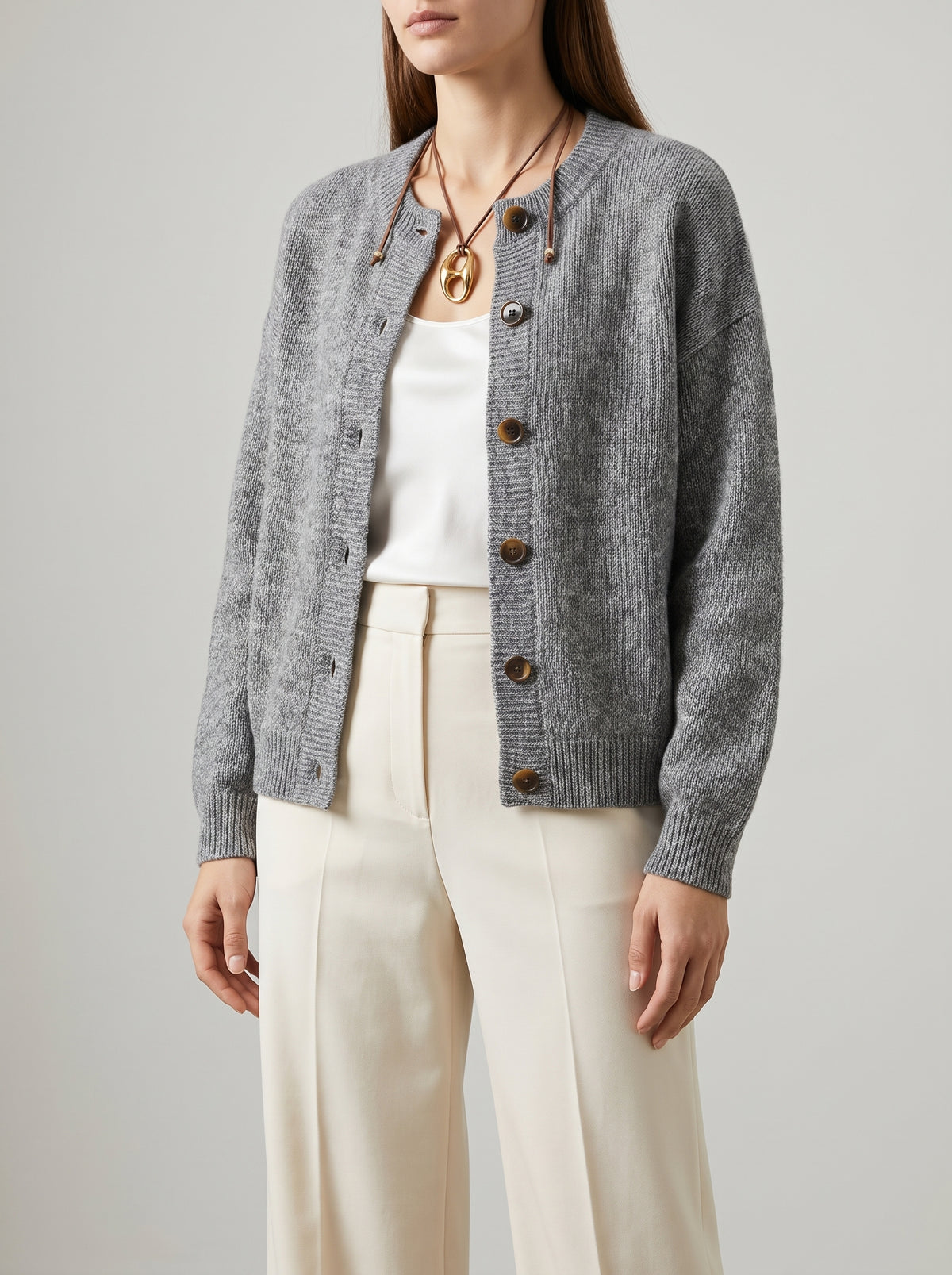 Lucy Crew-Neck Acrylic Knit Cardigan — Gray