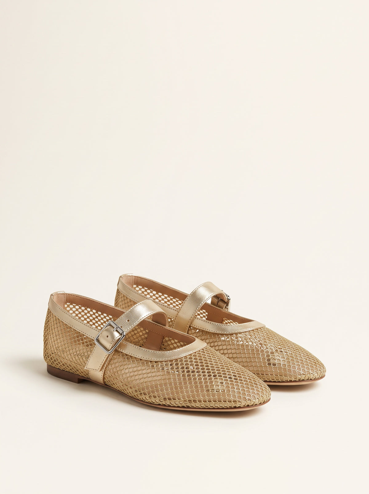 Bianca Mesh Ankle-Strap Ballet Flats — Gold