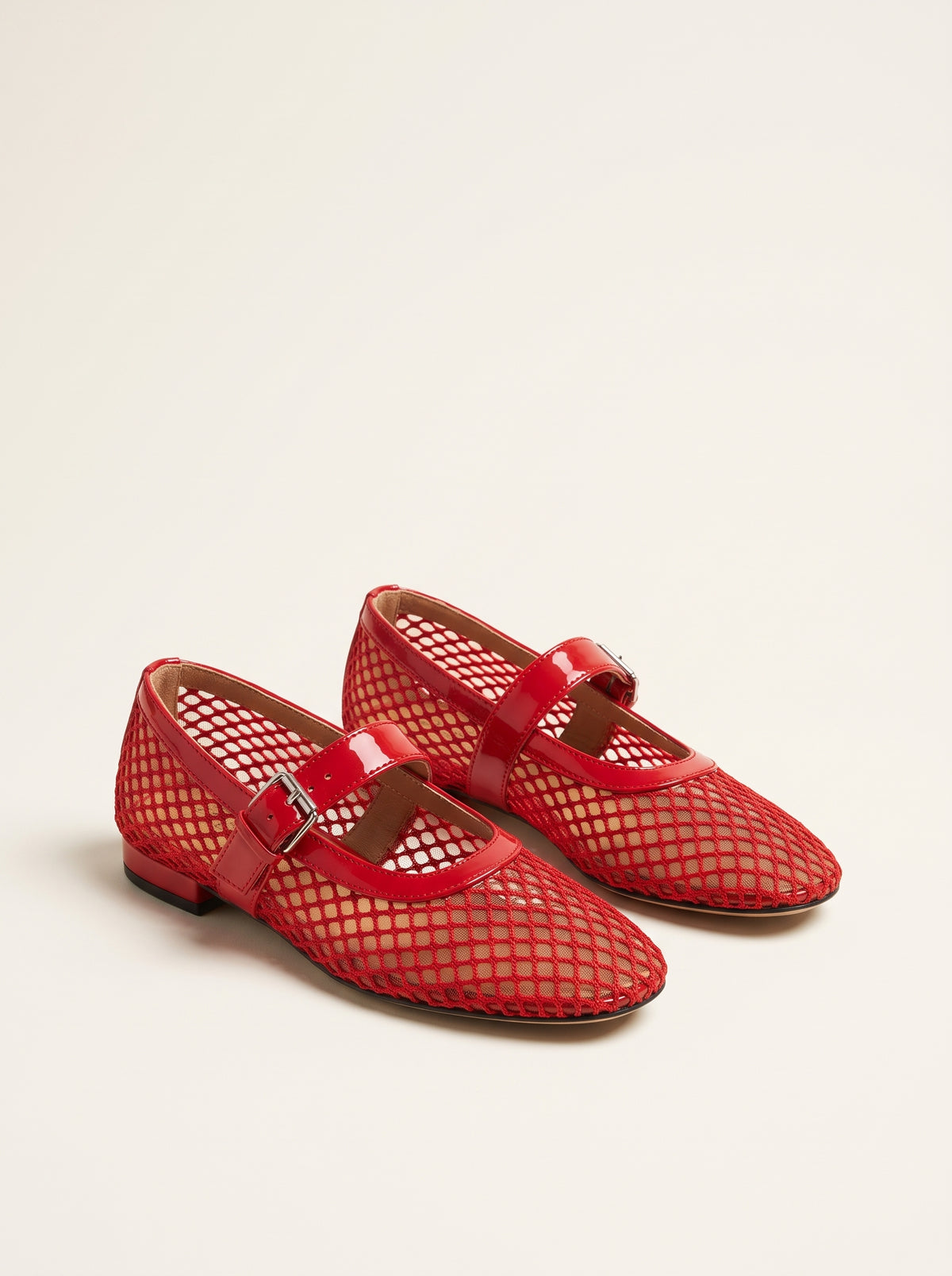 Bianca Mesh Ankle-Strap Ballet Flats — Red