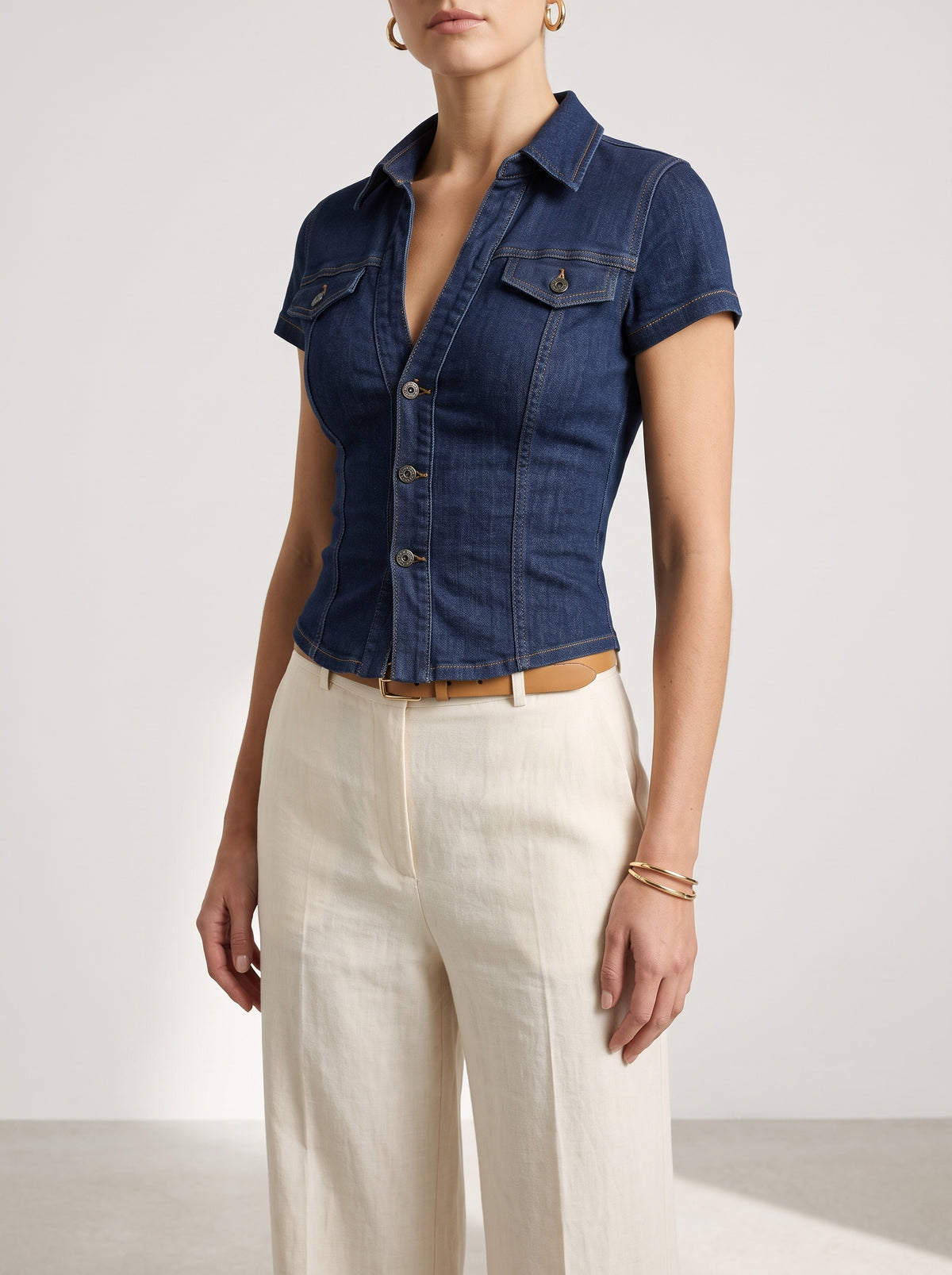 Nora Cropped Denim V-Neck Top — Blue