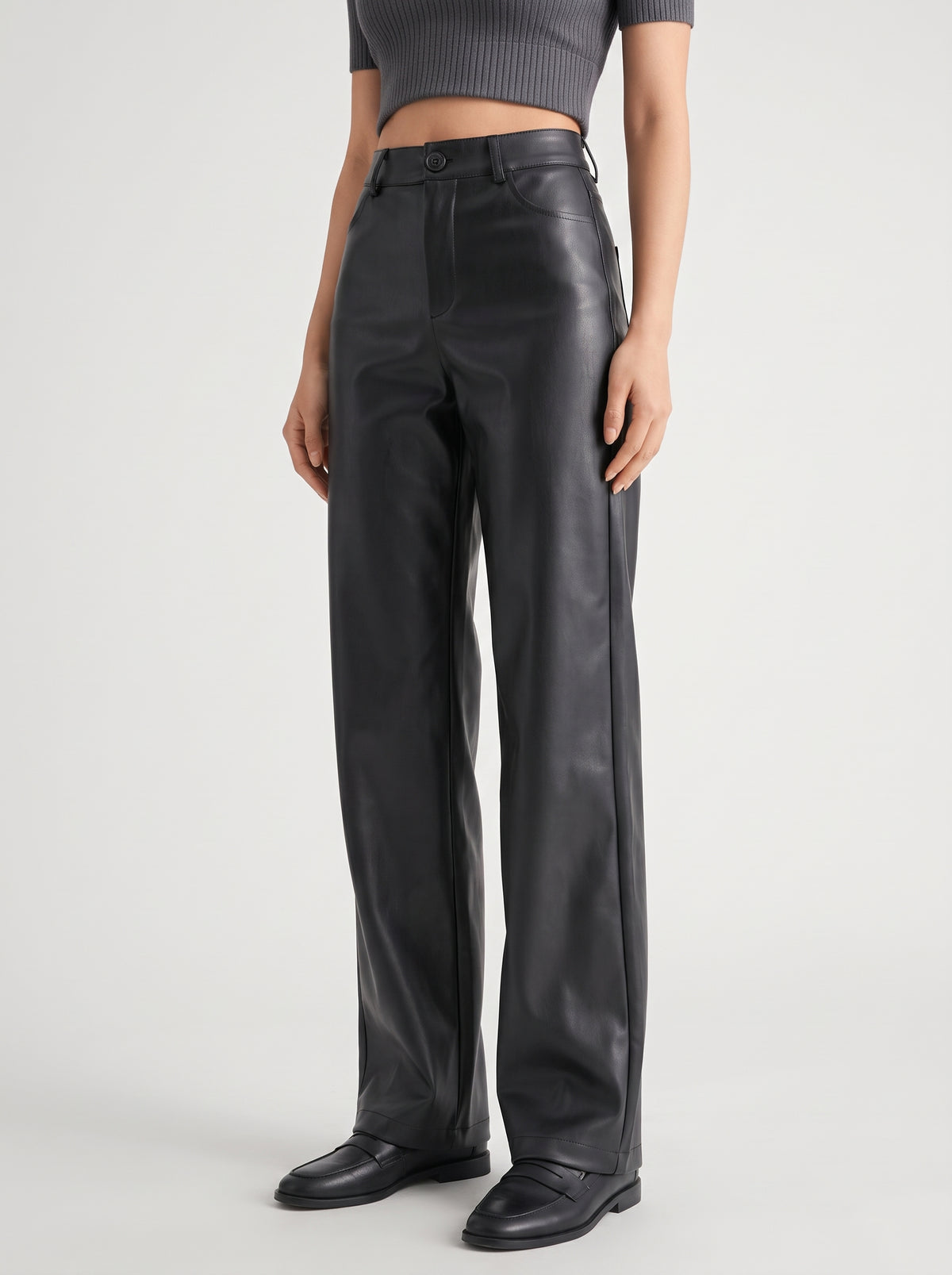 Giselle Fleece-Lined Faux Leather Wide-Leg Pants — Black