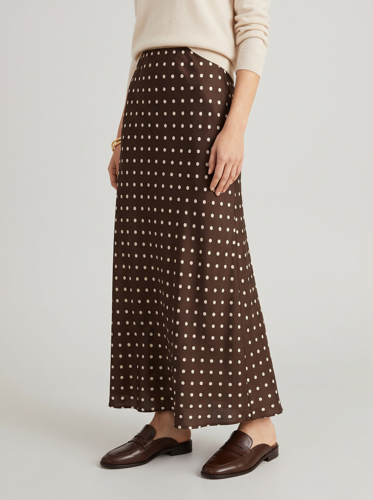 Beatrice Polka Dot Satin Maxi Skirt — Brown