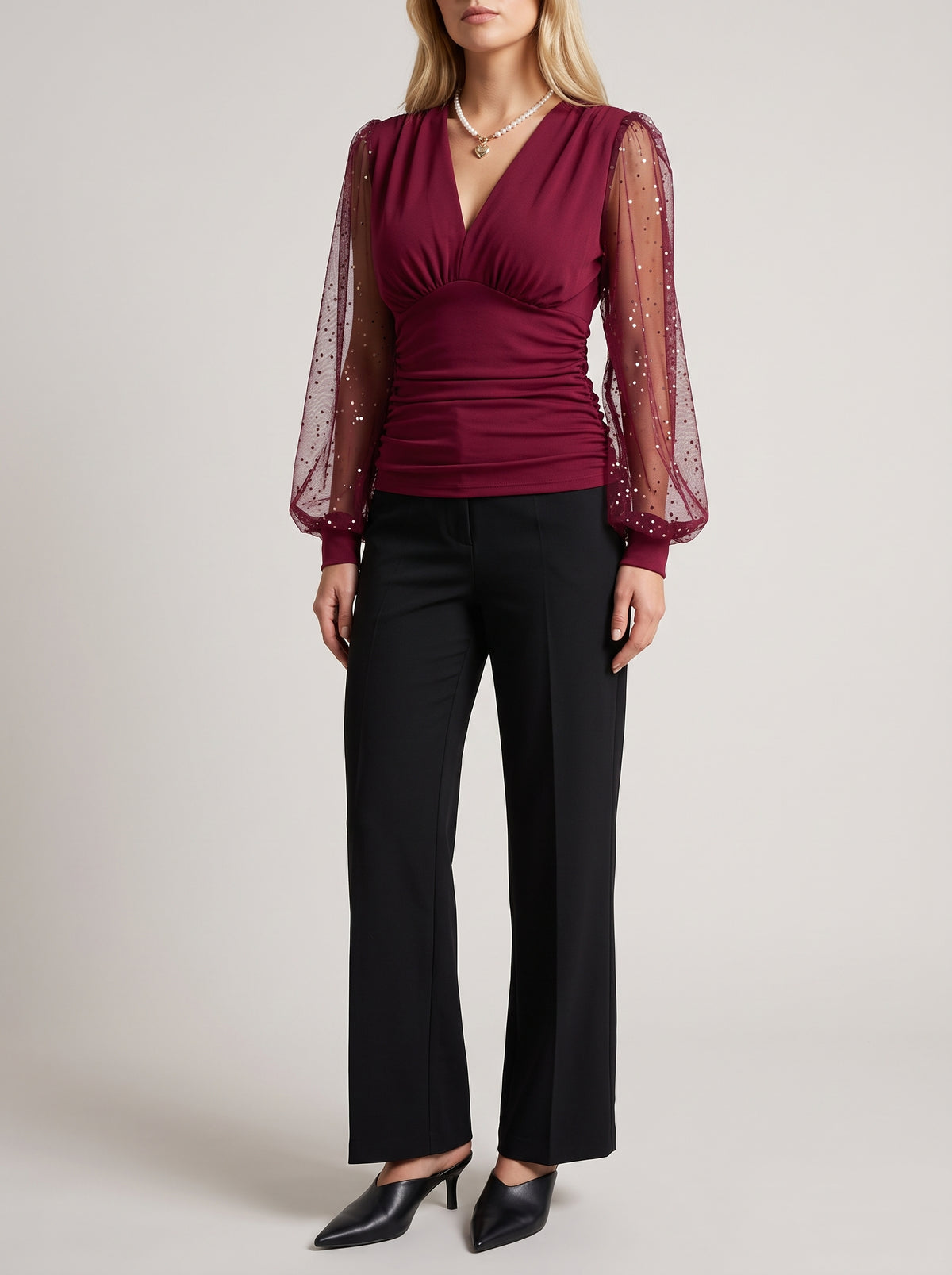 Beatrice Balloon Sleeve V-Neck Top — Burgundy