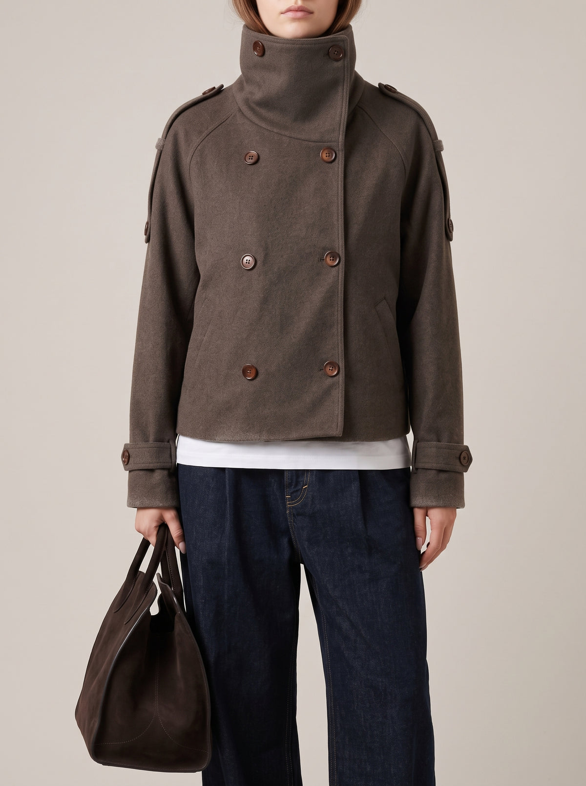 Rhea High-Neck Button-Front Coat — Gray