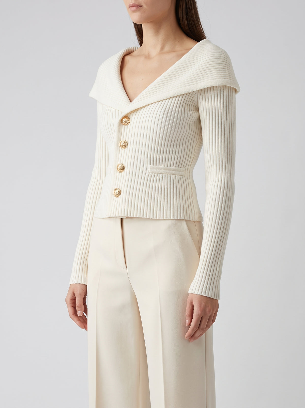 MORGANE — Wide Collar Buttoned Cardigan - White