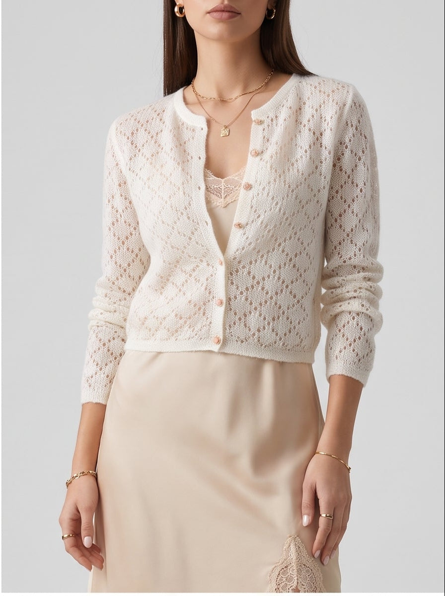 Beverly Cropped Openwork Knit Cardigan — White