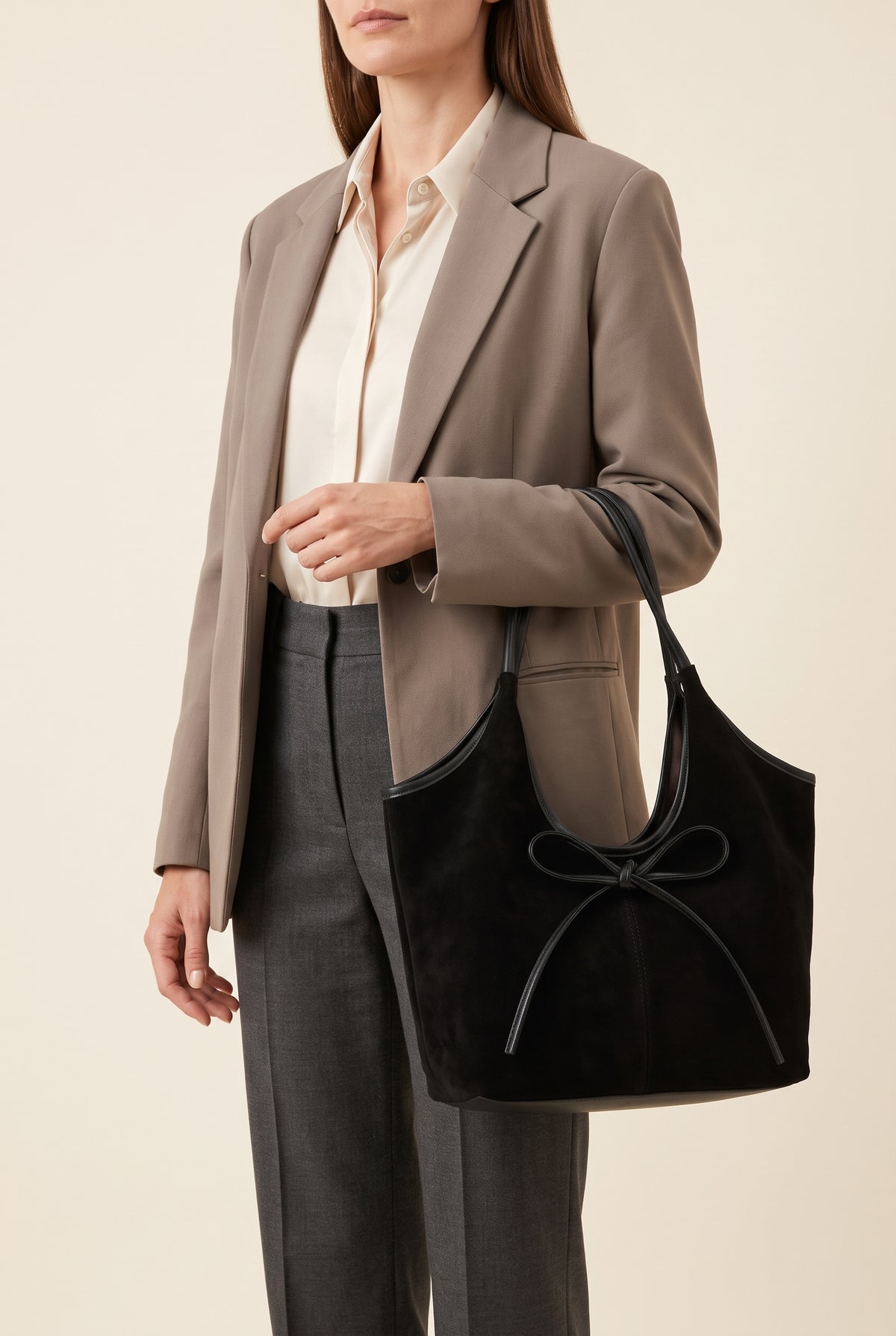 Florence Faux Suede Bow Hobo Bag — On-Model View
