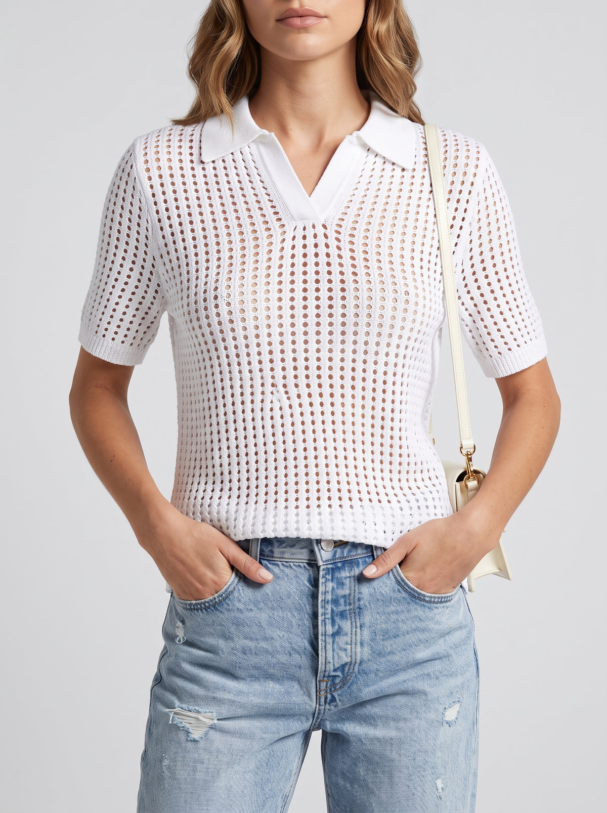 Adeline Pointelle Knit Polo Blouse — White