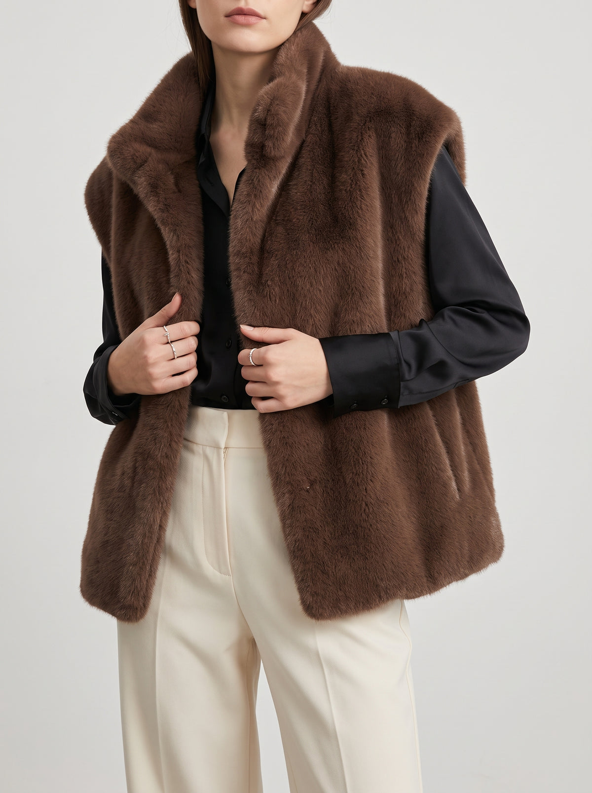 Amalia Faux Fur High-Neck Vest — Brown