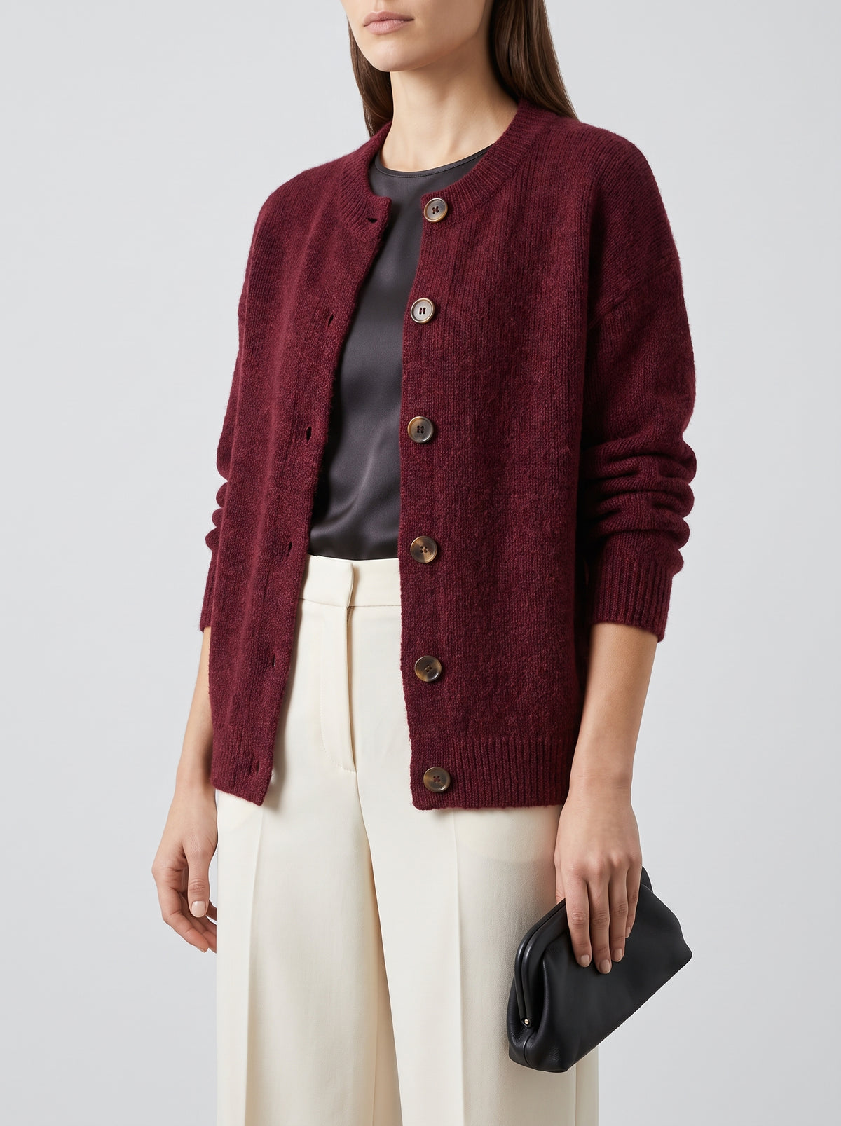 Lucy Crew-Neck Acrylic Knit Cardigan — Burgundy