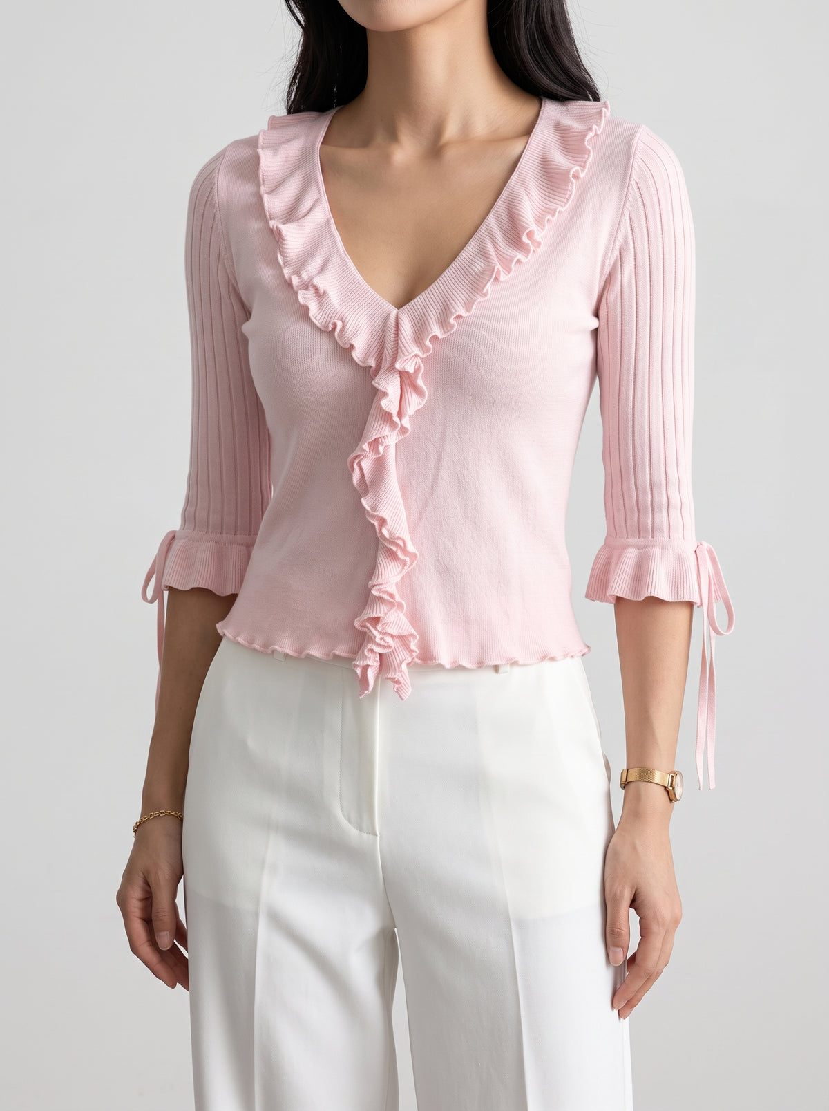 Miriam Ruffled Tie-Front Cardigan Top - Pink