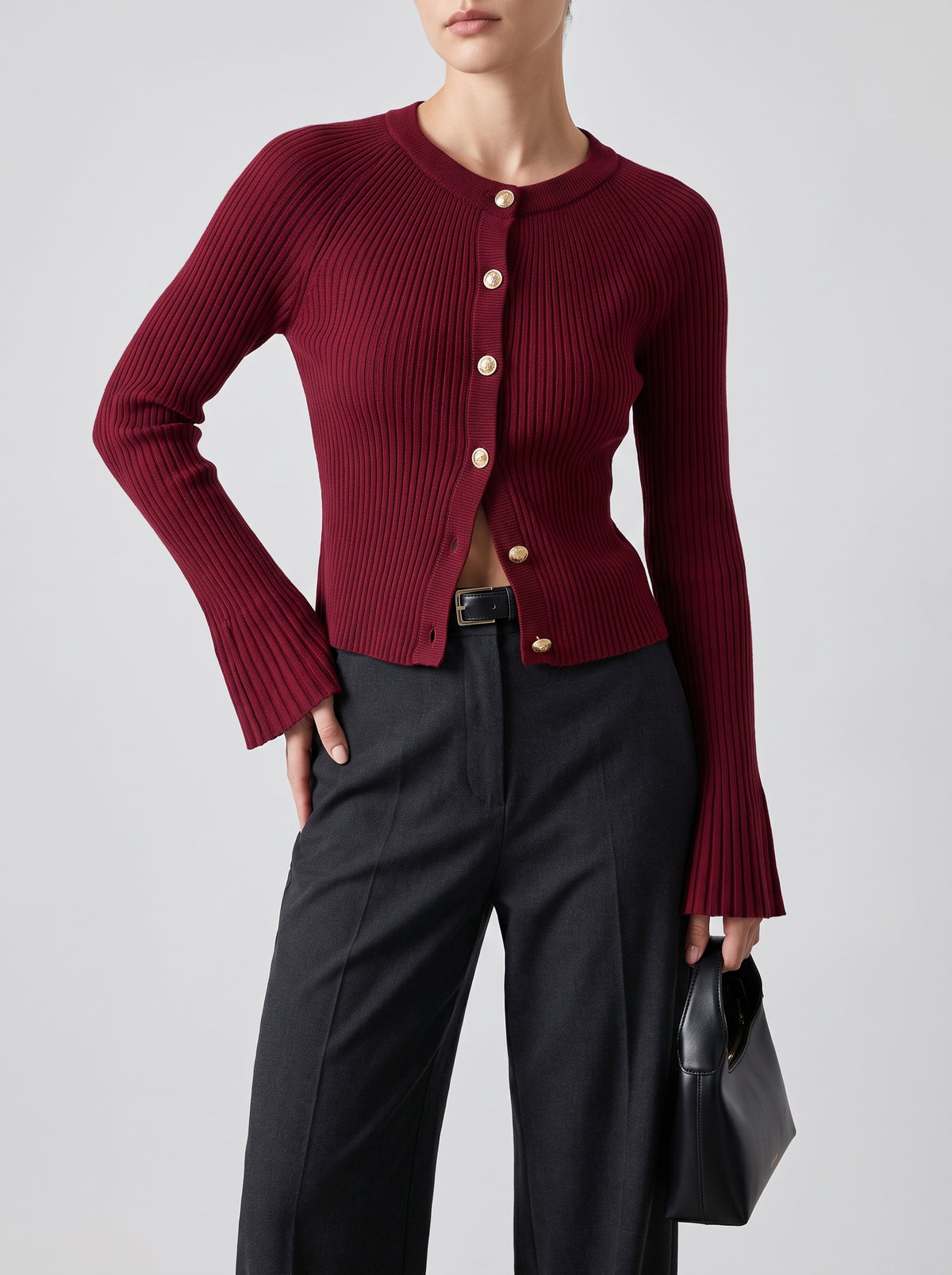 Eloisa Long-Sleeve Ribbed Knit Cardigan — Red