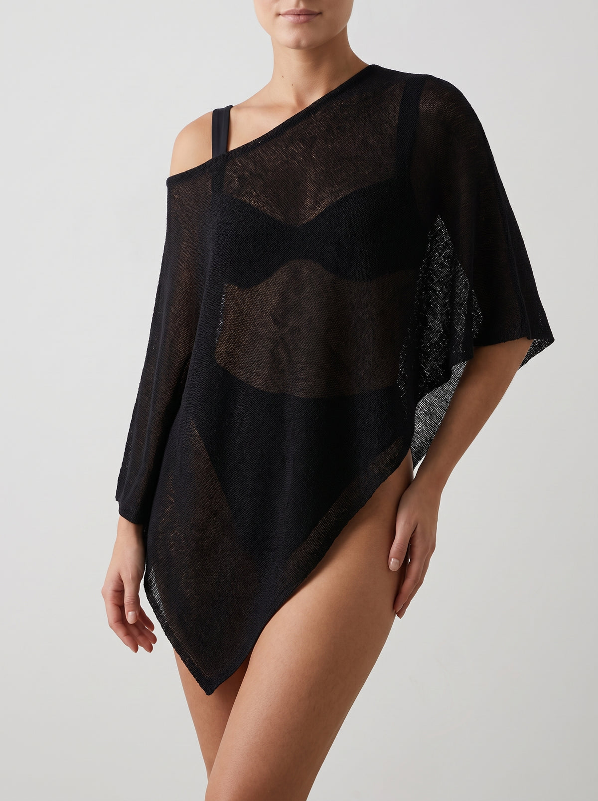 Asymmetric Sheer Poncho Style Top - Black