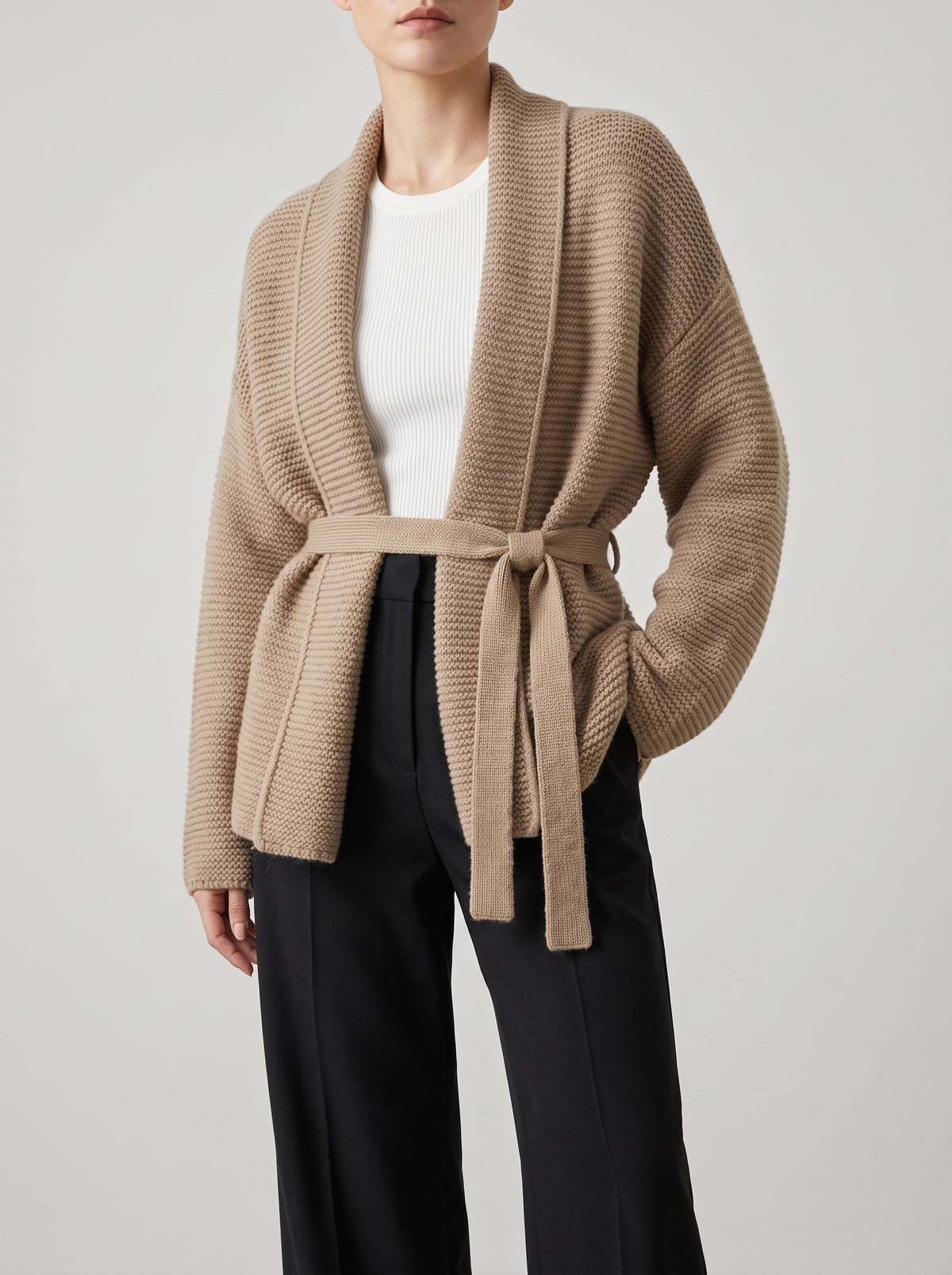 Abigail Belted Knit Cardigan — Beige