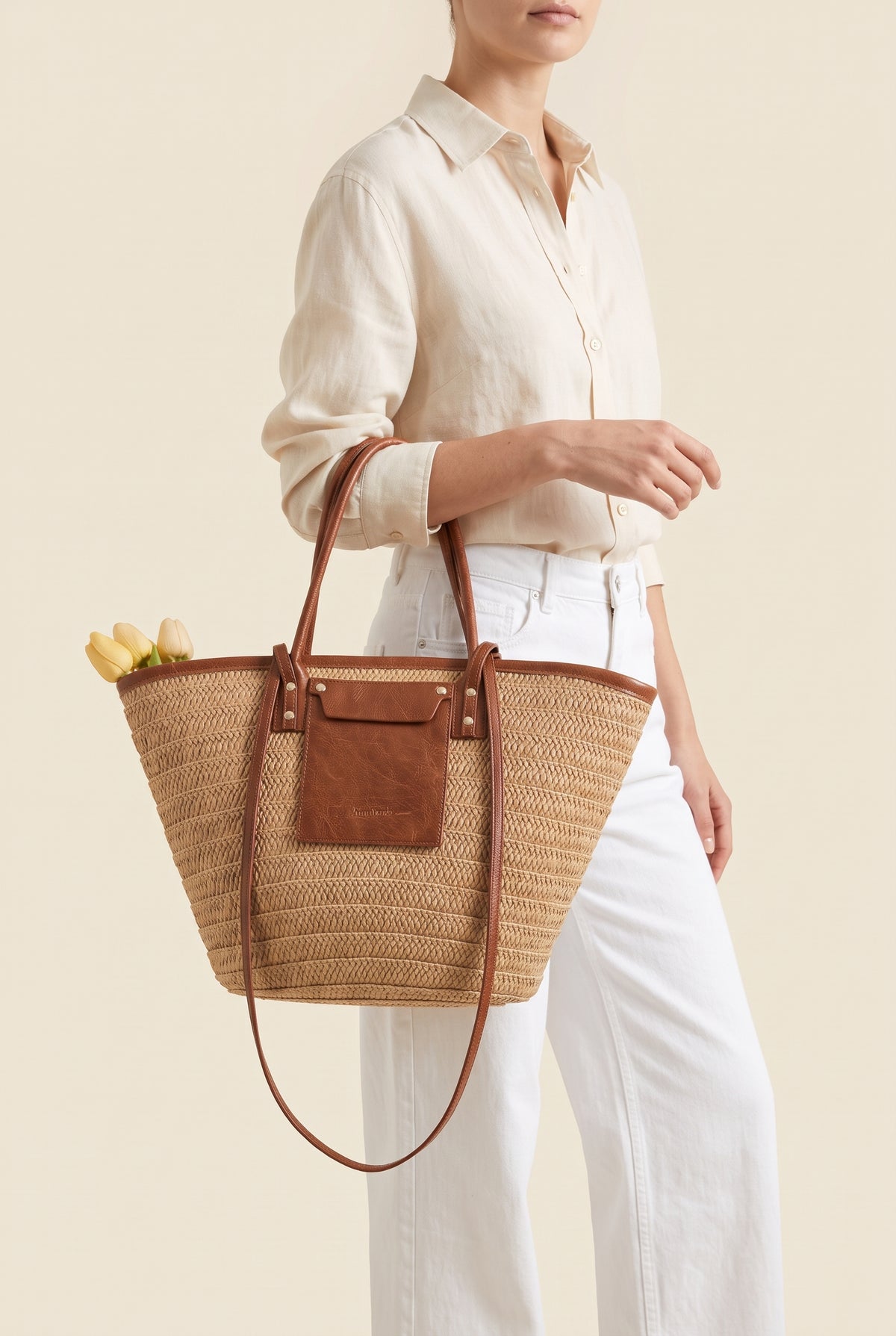 Beatrice Woven Straw Shoulder Tote — On-Model View