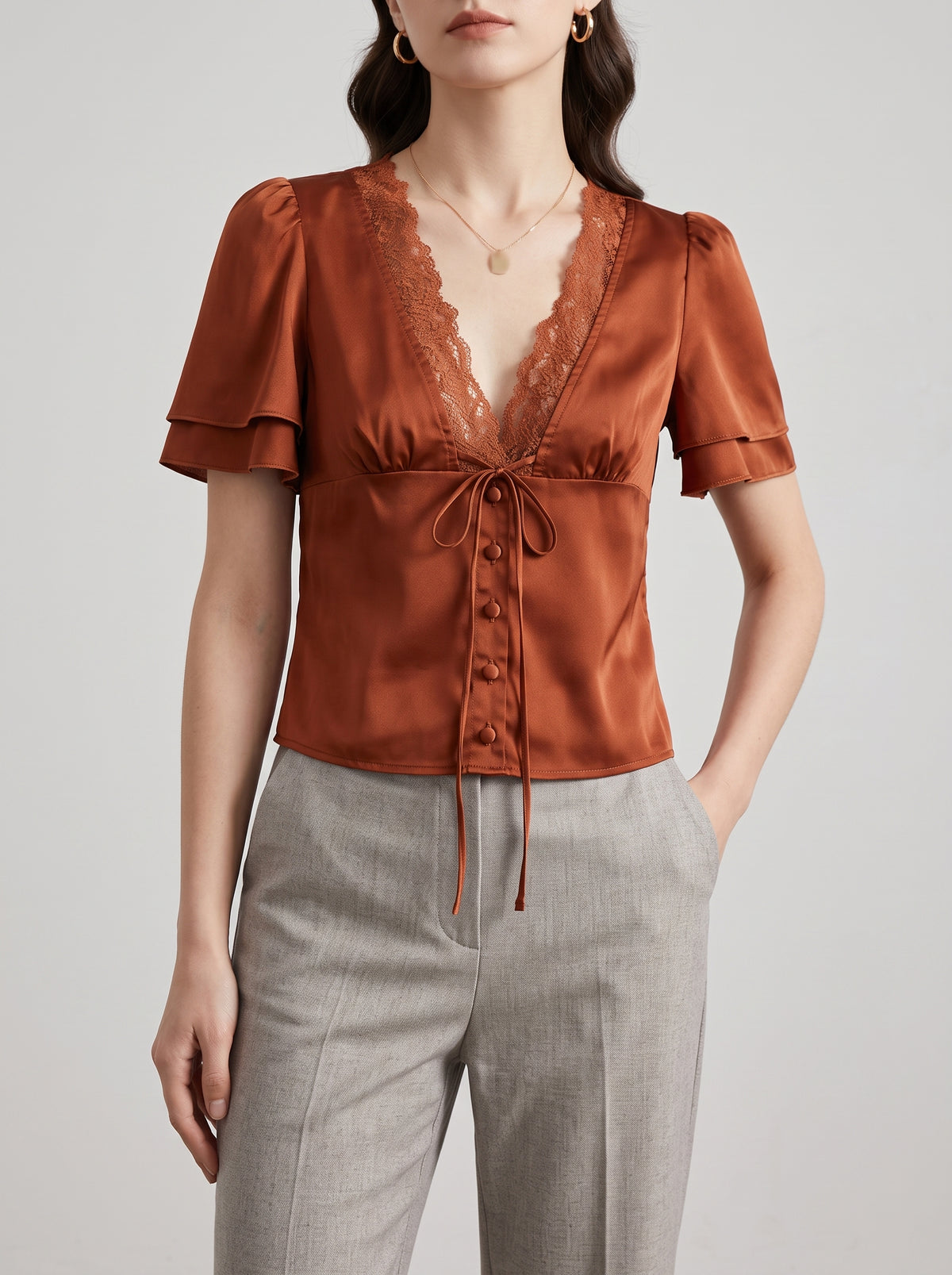 Aderinsola Satin Lace-Up Blouse — Brown