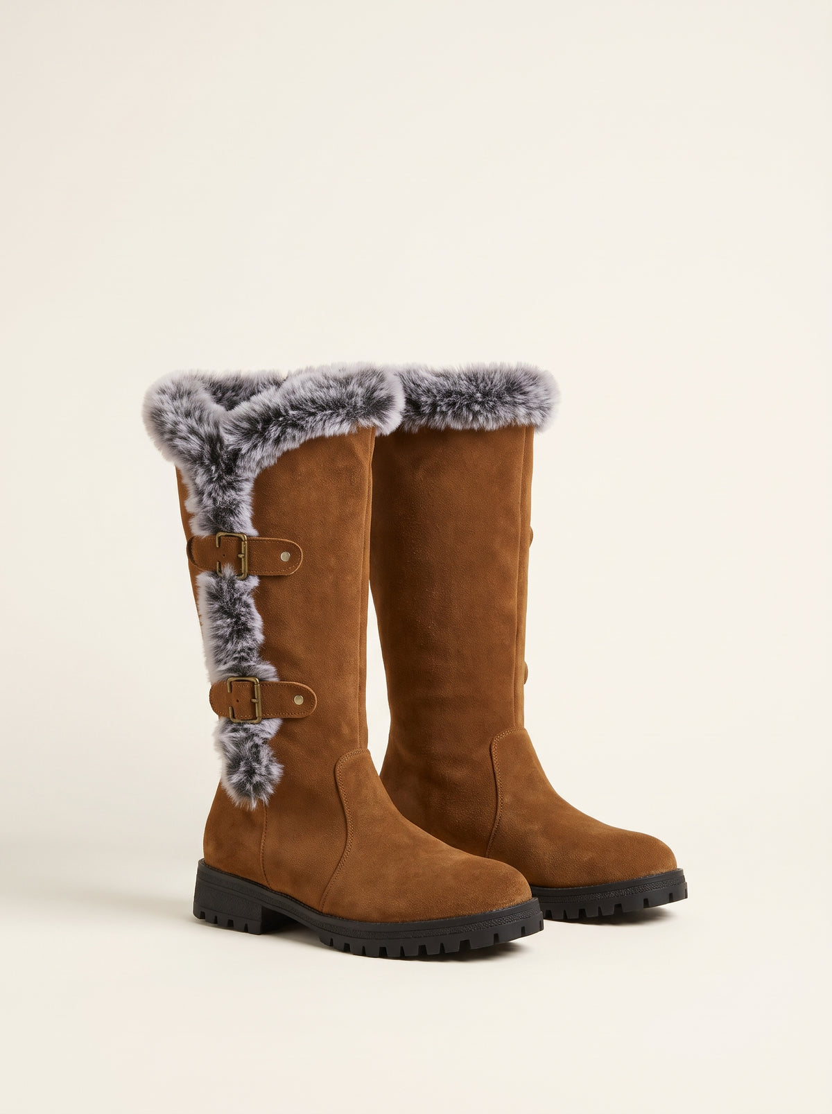 Faux Fur-Lined Mid-Calf Snow Boots — Light Brown