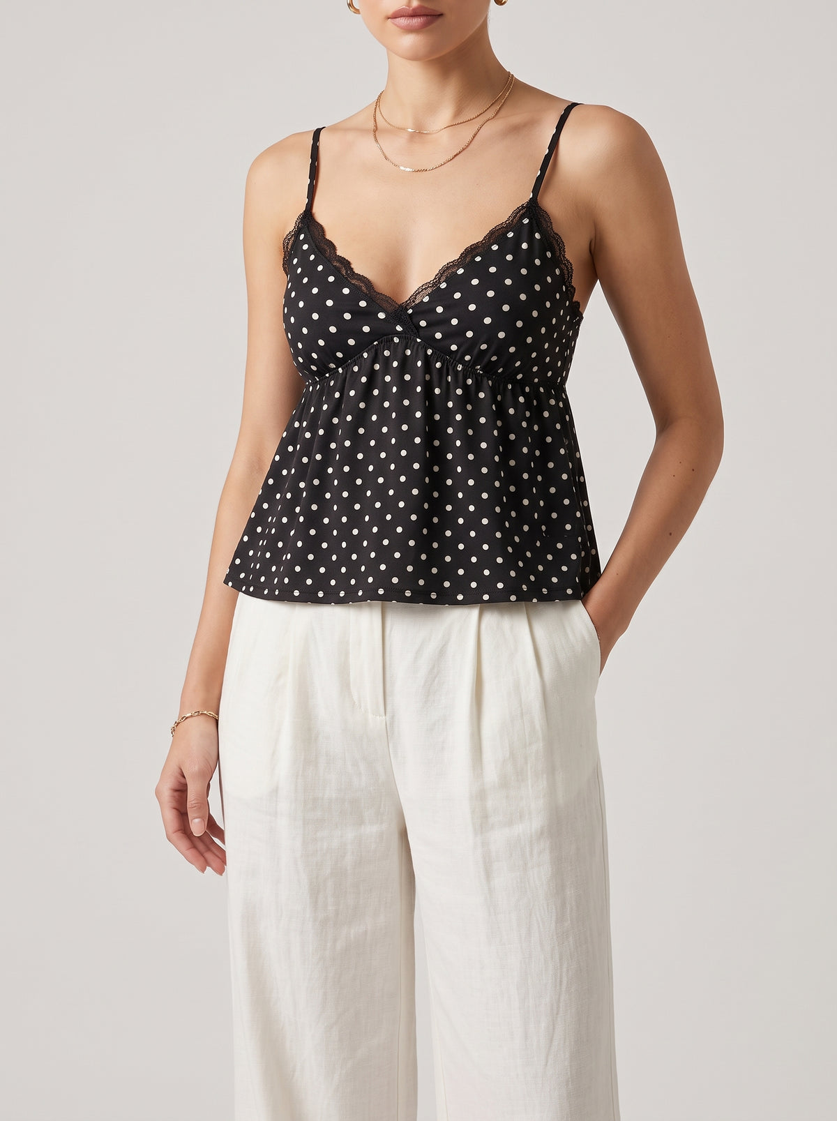 Covey Lace-Trim Satin Camisole — Black