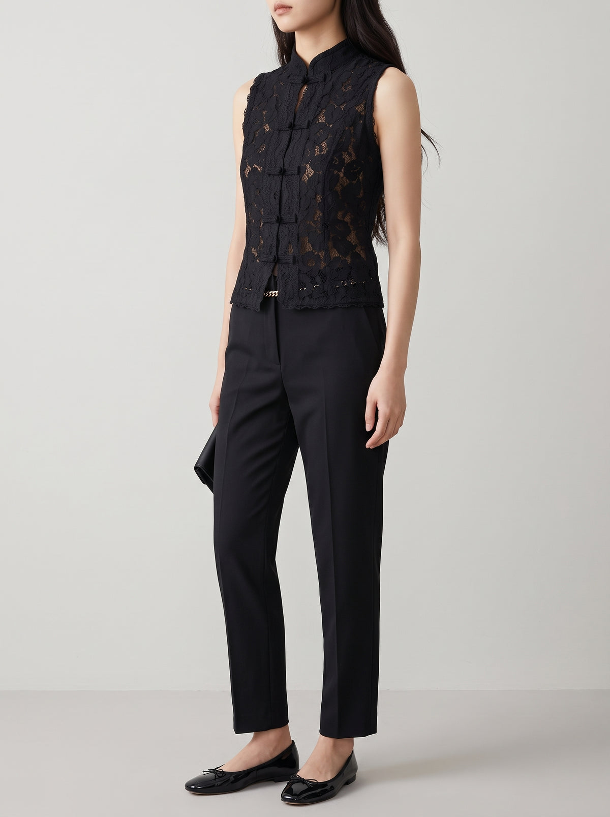 Odessa Cotton Lace Mandarin Collar Top — Black