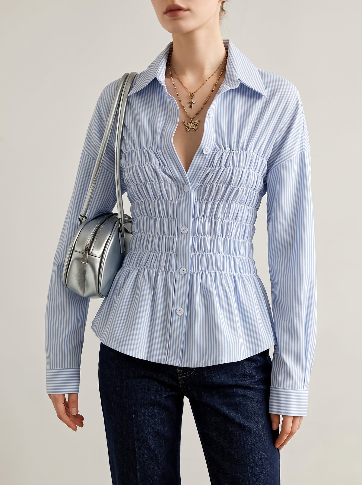 Sandra Smocked Long Sleeve Blouse — Blue